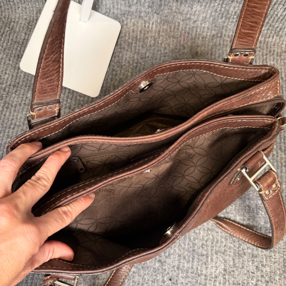 Vtg Y2K Fossil Satchel Bag Brown Pebbled Leather Top Handle Purse Key Charm EUC - Picture 10 of 15